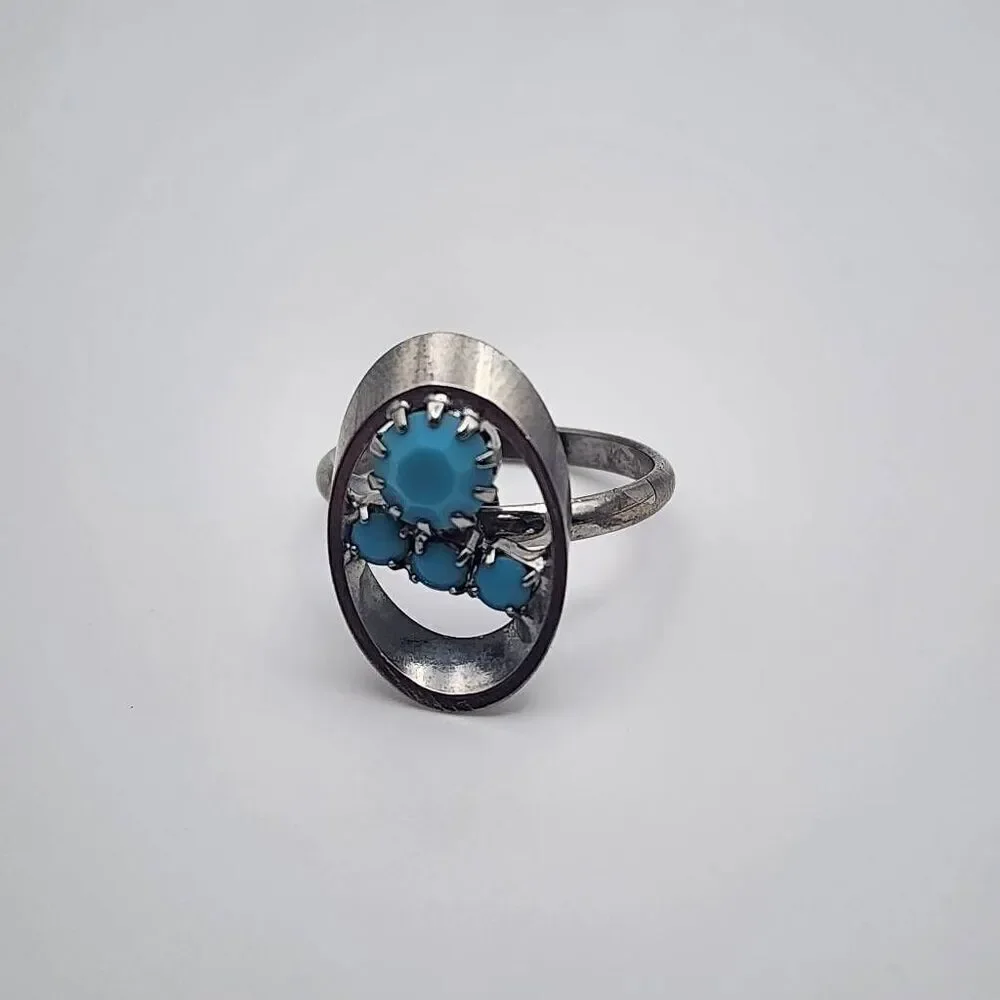 Vintage Ram-Zor Turquoise Rhinestone Silver Tone Adjustable Ring